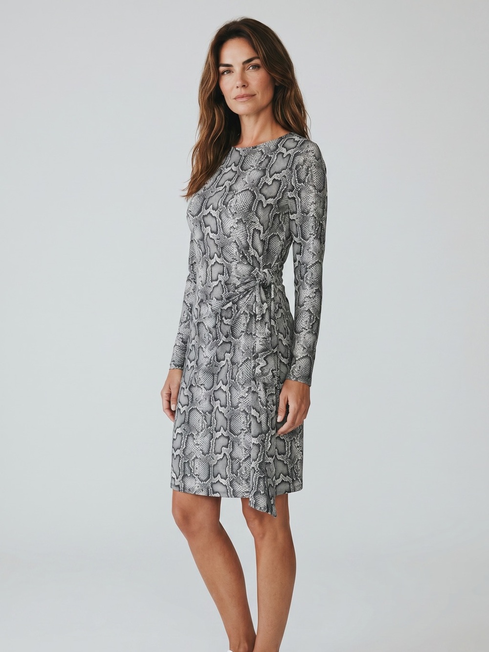 Michael Kors Snake-Print Long-Sleeve Tie-Waist Dress - Gray New size L